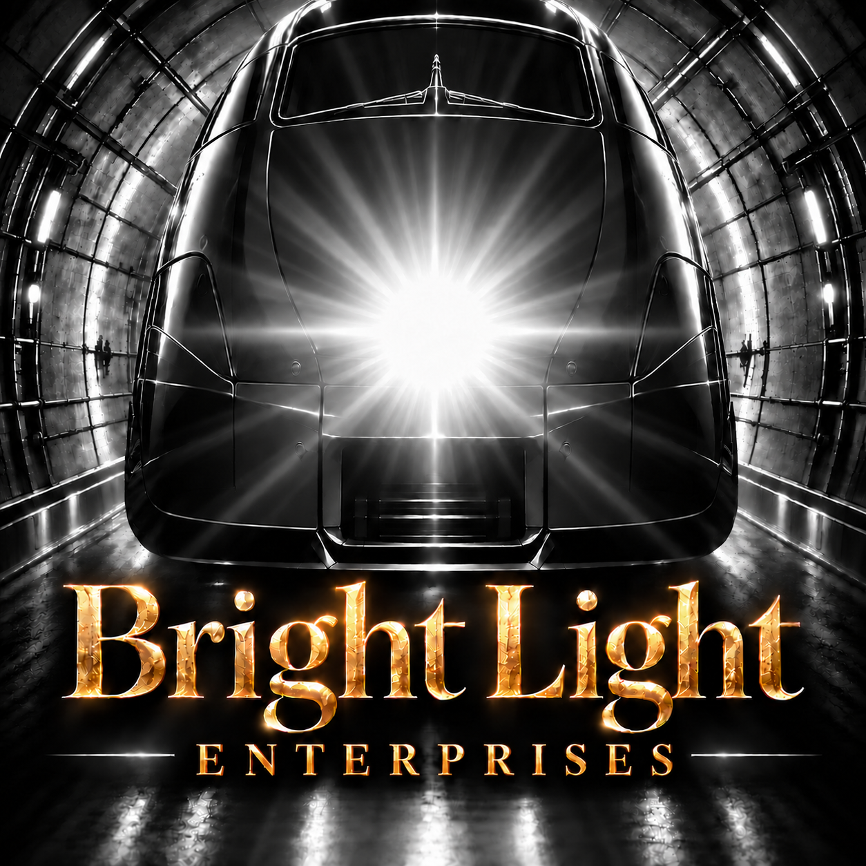 Bright Light Enterprises gold lettering beneath a black-and-white train and brilliant headlight